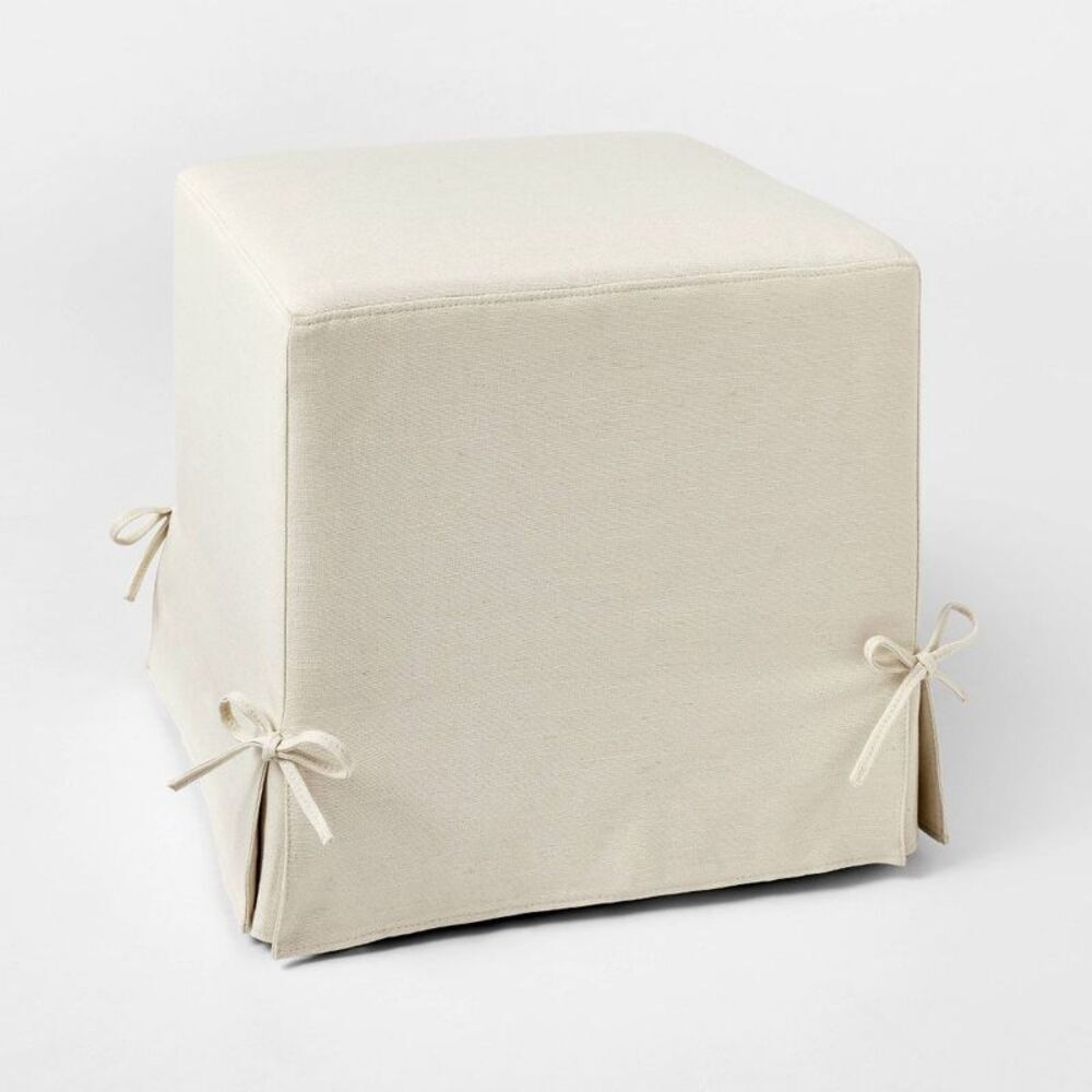 Lynwood Slipcover Cube Ottoman with Tie Details Cr Cream